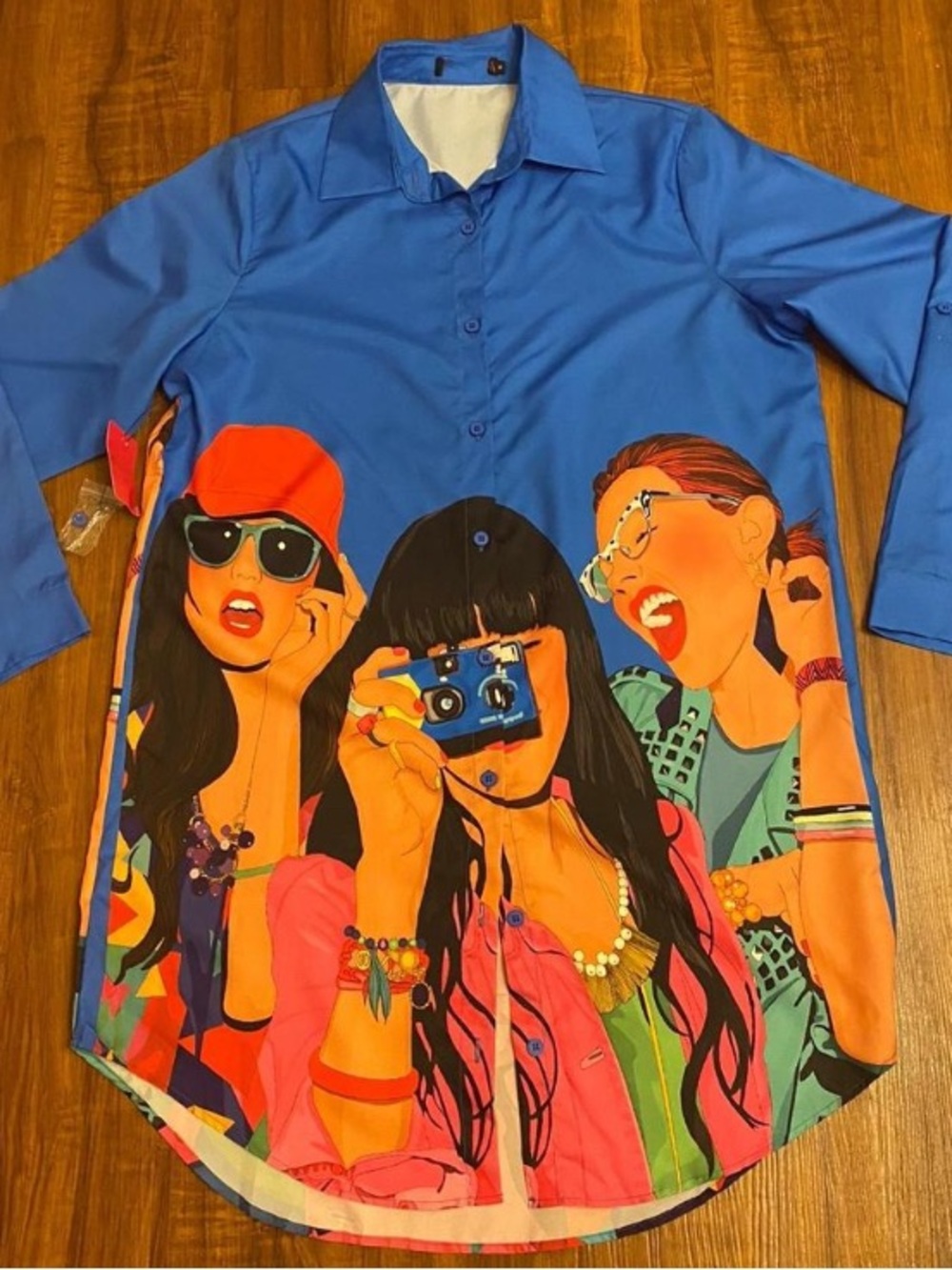 Blue Graphic Button-Up Kids Shirt with Colorful Pop-Art Print
